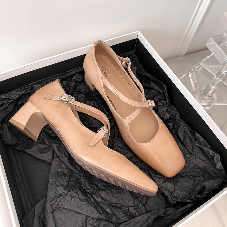 First layer cowhide cross strap Mary Jane shoes 2025 autumn square head thick heel medium heel leather single shoes women