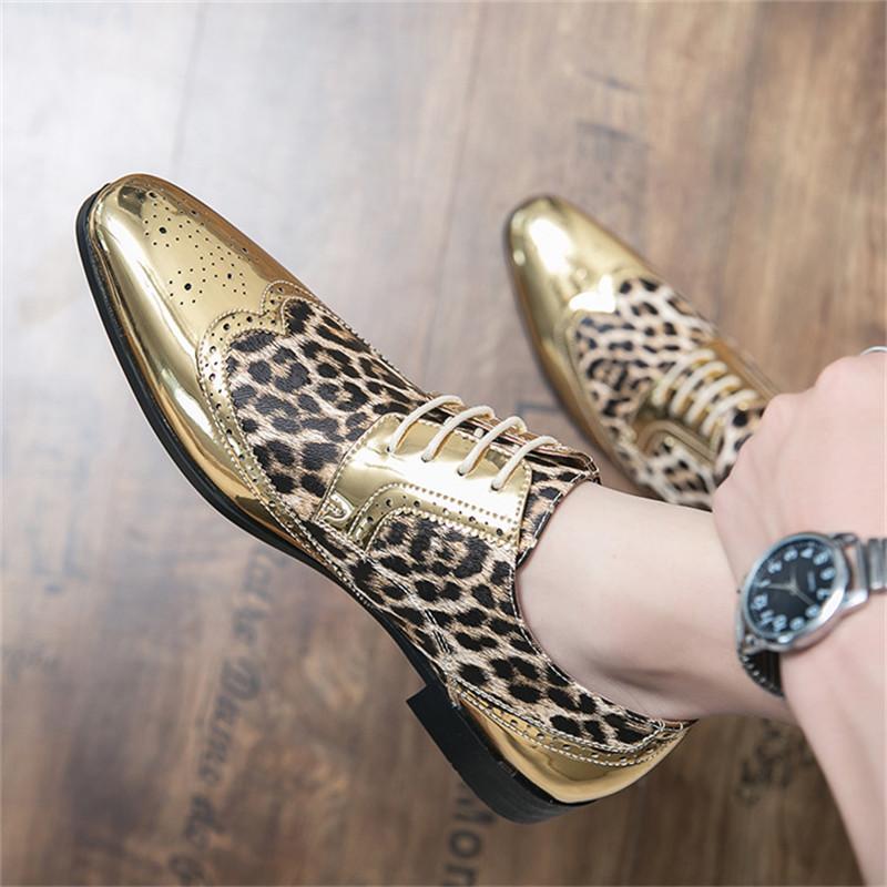 Fashion Classy Gold Leopard Leather Men Shoes Derby Luxury Brogue Pointed Toe Shoe Men Party Wedding Dress Shoes for Men sapato social