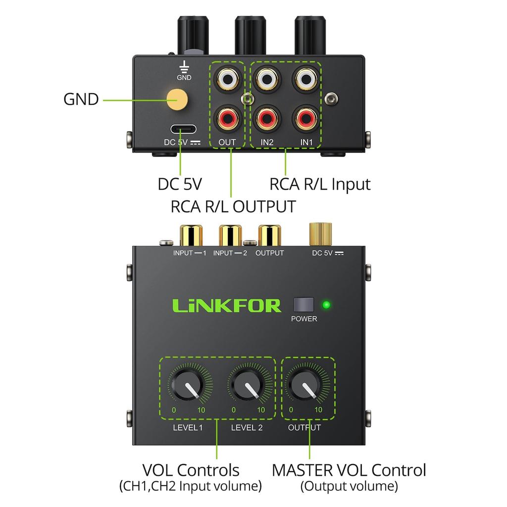 LiNKFOR Audio RCA Mini Stereo Mixer with Volume Metal Japanese Instruction Manual Included Mixer, 2-Channel Control, Gold-Plated Terminals, Case,