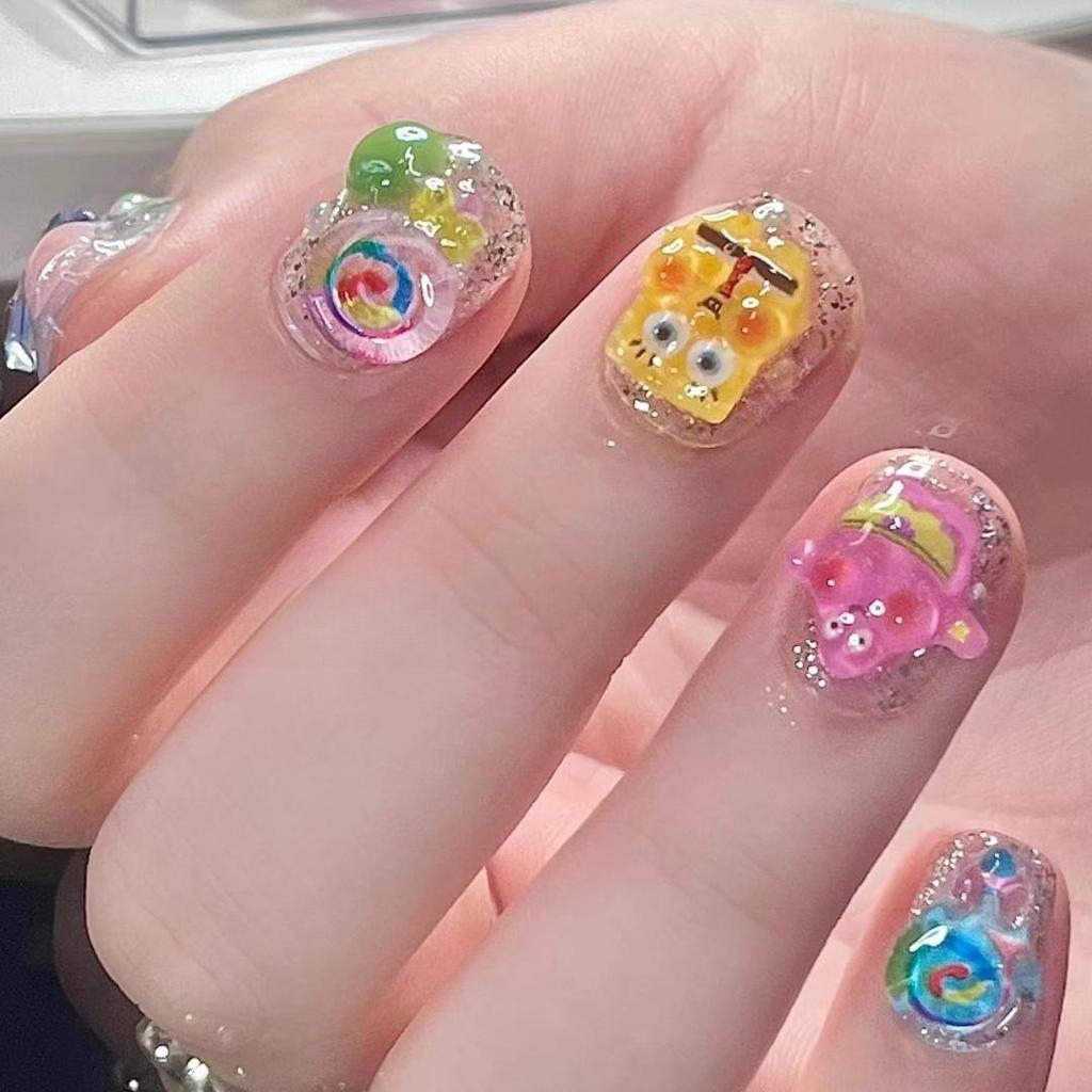 24Pcs Cartoon Sponge Star Cute Flash Nail Patch Nail Enhancement Patch Nail Powder Blusher