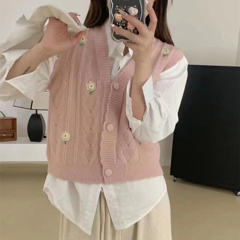 Women's Knitted Vest Spring and Autumn Sweater Tank Top Sweet Style Small Flower Stacking Wear