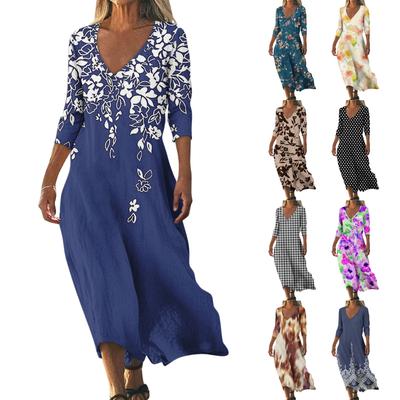 Dresses For Womens Vintage Print Tunic Waisted Midi Dress Summer Casual  3/4 Sleeve Dress