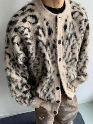 Unisex Cozy Leopard Print Knit Cardigan - Color Block & Retro Style for Autumn/Winter