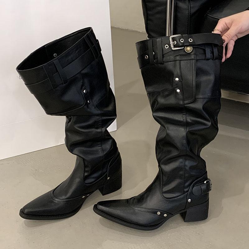 Fashion 2025 New Fashion Pointed Toe Women Knee High Boots With Heels Shoes Female Slip On Footwear Ladies Long Western Booties Shoes