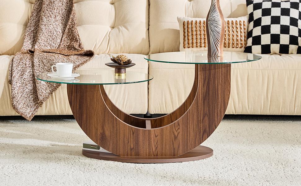 Modern Coffee Table, 2 Tempered Glass Tops, MDF Frame with Storage, Glass Coffee Table for Living Room, Walnut Look