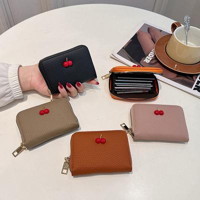 Zipper New Women's Cherry Texture Organ Card Bag Multi-card Wallet Trendy Solid Color Clutch Bag