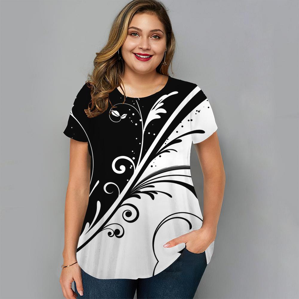 Summer Round Neck Floral Graphic 3D Print Top Fashionable Casual Short Sleeved Plus Size Women's T-shirts