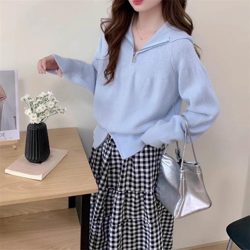 Double zipper hooded knitted sweater jacket women's autumn and winter new loose and thin retro casual versatile top