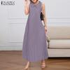 ZANZEA Womens Turn Down Collar Loose Casual Sleeveless Pleated Dress