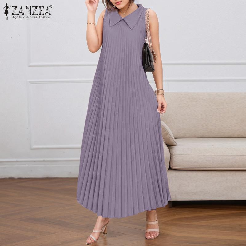 ZANZEA Womens Turn Down Collar Loose Casual Sleeveless Pleated Dress