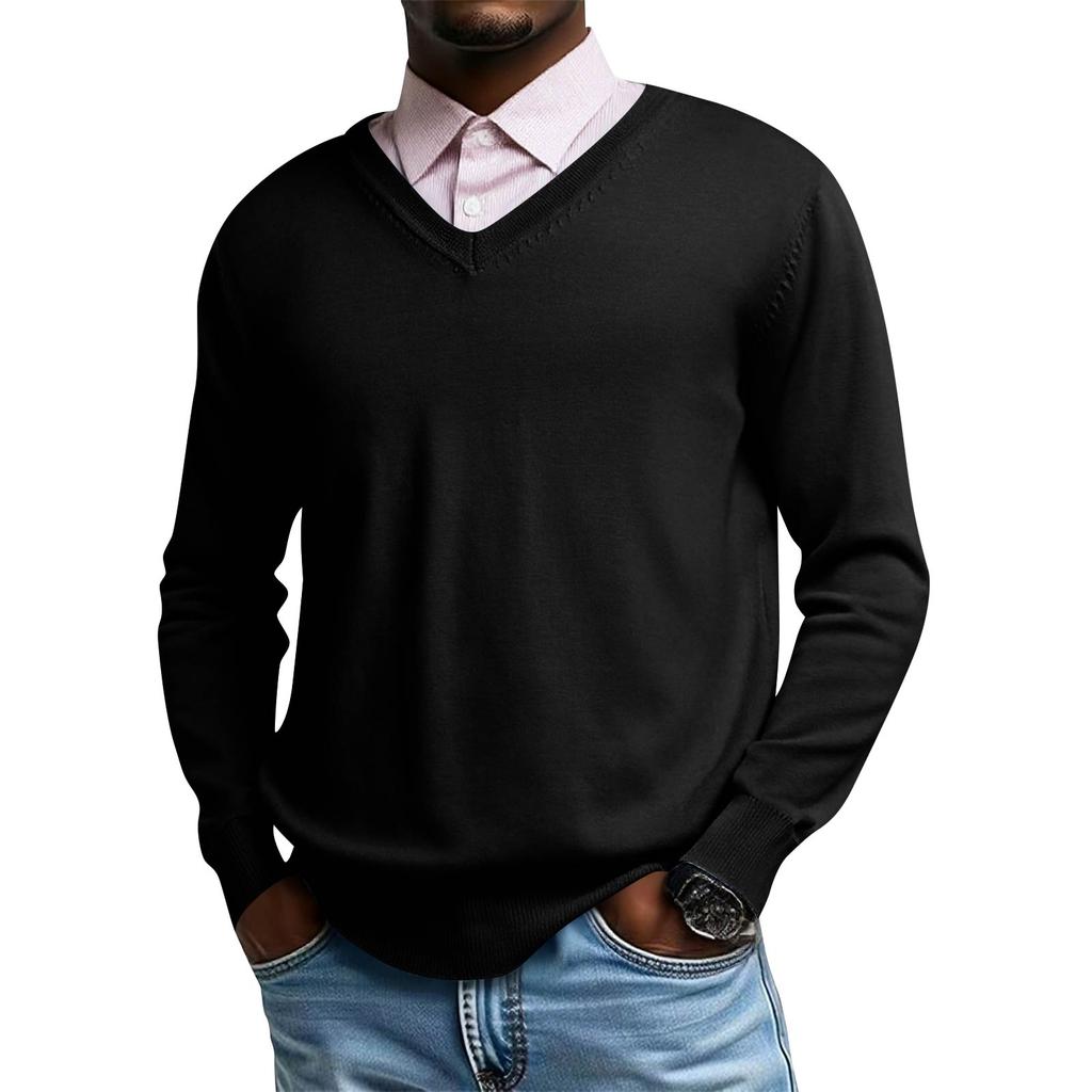 Męski dzianinowy top z dekoltem V i długim rękawem, codzienna wygoda, bluzka z długim rękawem