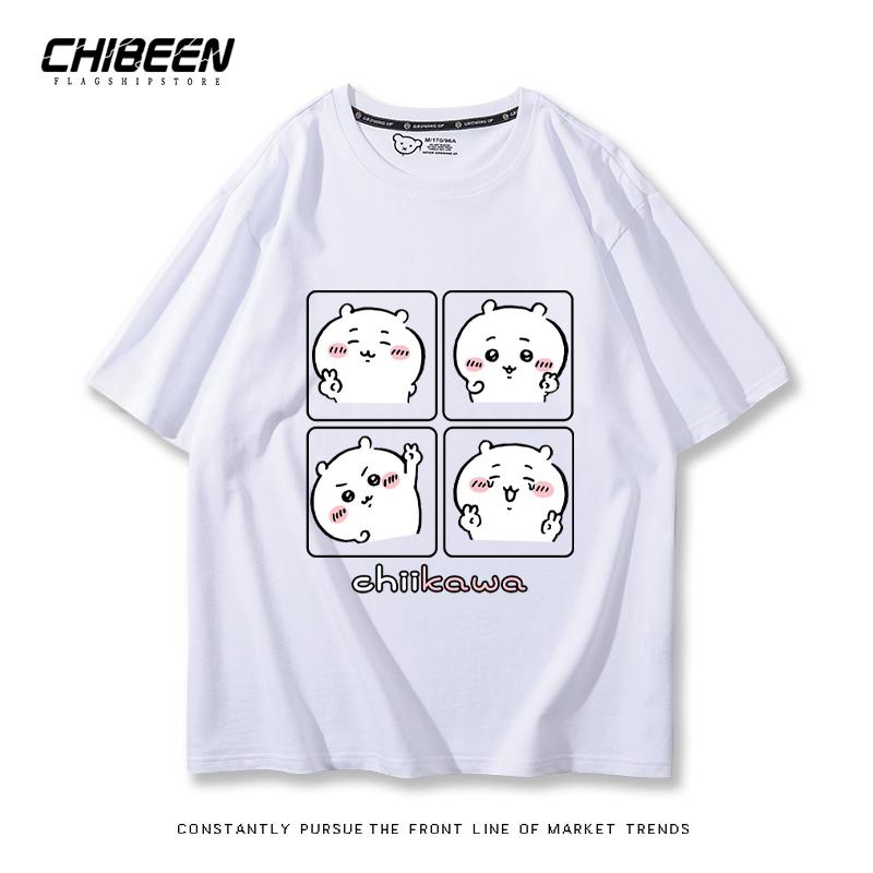 Chiikawa Cute Four-cell Pattern T-shirt Summer High Quality 100% Cotton T-shirt Casual Comfortable Loose Men's T-shirt