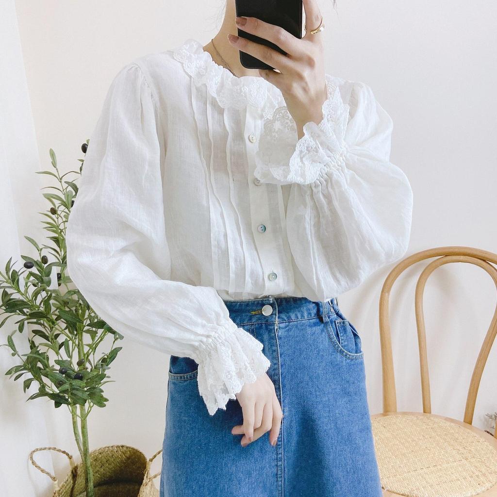 Koreanische Frauen Kleidung Spitze Rüschen Kragen Tops Frühling Weiße Leinen Einfarbig Weibliche Shirts