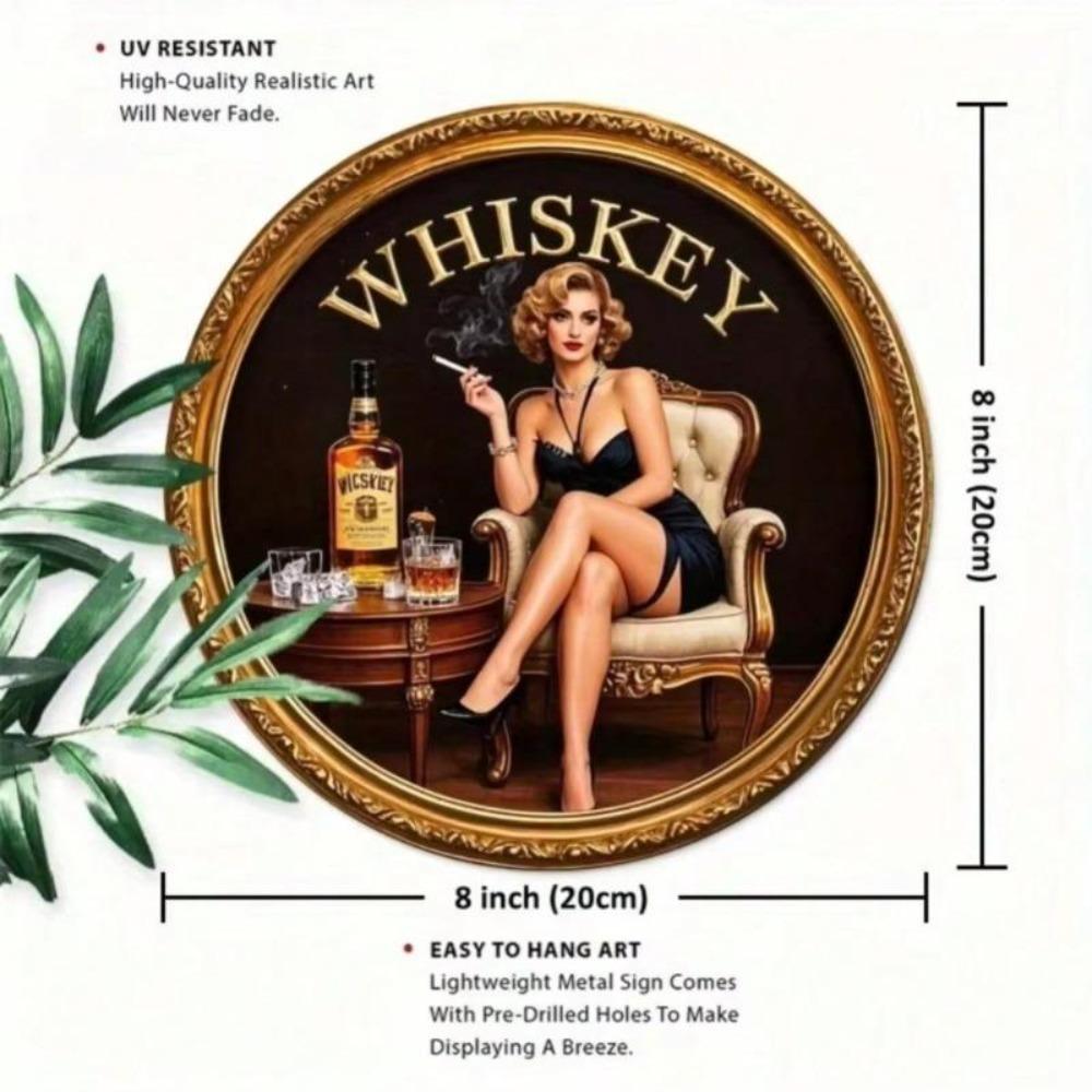 Vintage Whiskey Lady Metal Wall Art Rustic Round Iron Sign Home Bar Cafe Decor