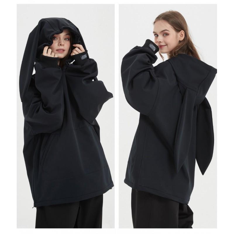 Unisex Snow Ski Jacket With Rabbit Ears Hood Waterproof Warm Fleece-Lined Outerwear Alpine Freestyle Skiing