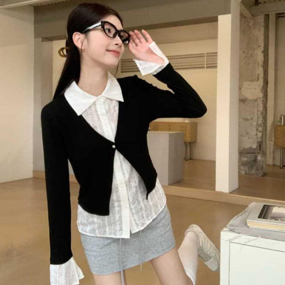 Slim Fit False Two-piece Top Flip Collar Lace Long Sleeved Knitwear  Spring Autumn