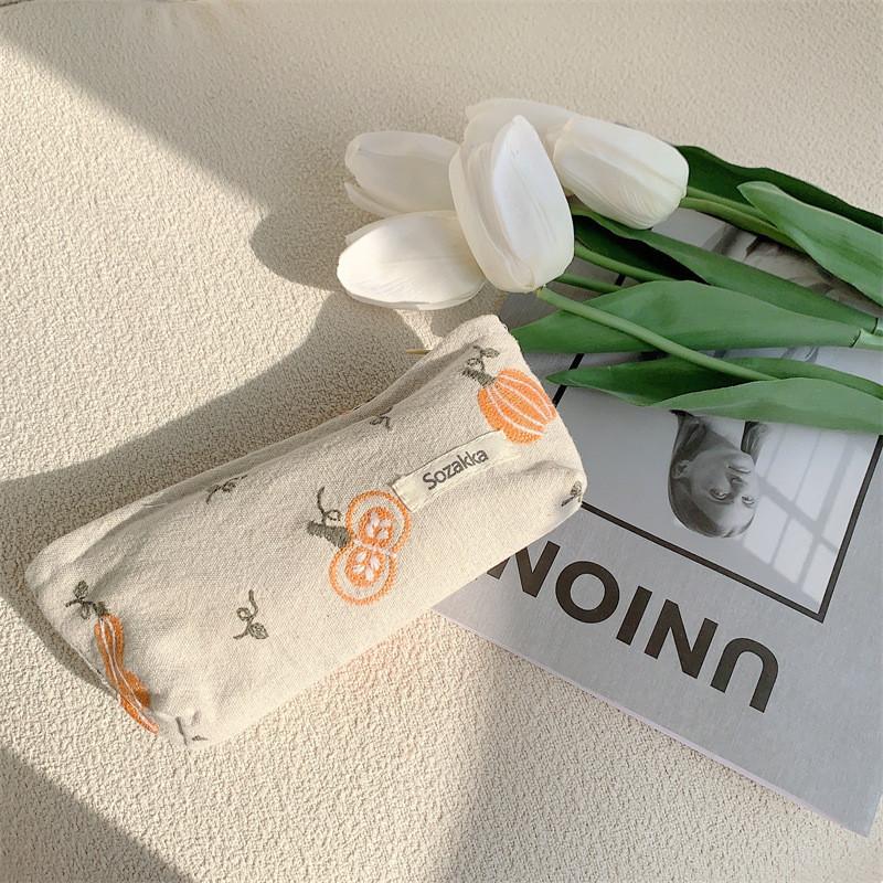 Trendy Canvas Tote Bag With Pumpkin Embroidery Large Capacity Beige Handbag