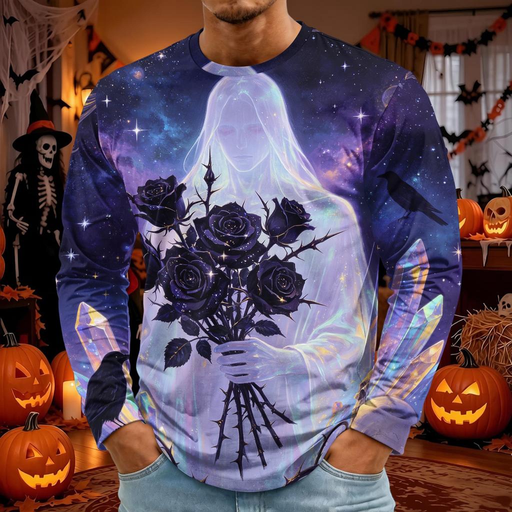 Men's Halloween Print Long Sleeve Neck T-Shirt for Holiday Party