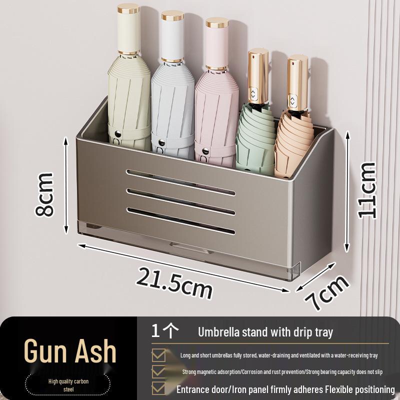 Wall-Mounted Magnetic Umbrella Rack with Water Drainage, No-Drill Installation for Home Entryway
