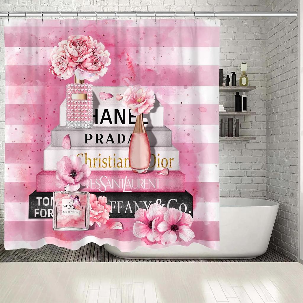 Fashion Luxury Girly Shower Curtain Pink Floral Shower Curtains Perfume Waterproof Polyester Fabric Shower Curtains for Bathroom Decor with 12 Hooks,