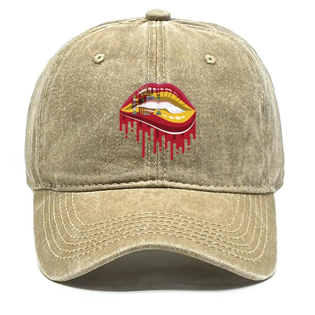 Spain Flag Lip Print Snapback Baseball Hat, Patriotic Sports Hat Vintage Hip Hop Breathable Distressed Adjustable Baseball Cap