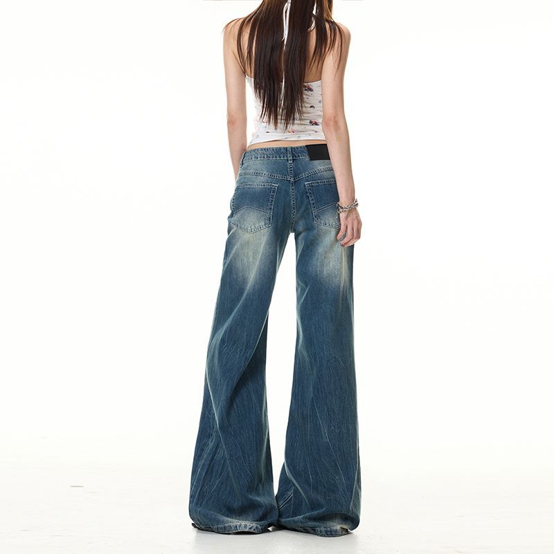 Spring Summer Thin Vintage Crease Retro Wash Craft Micro Flare Denim Pants For Women Casual Pants Oversize Denim Trousers