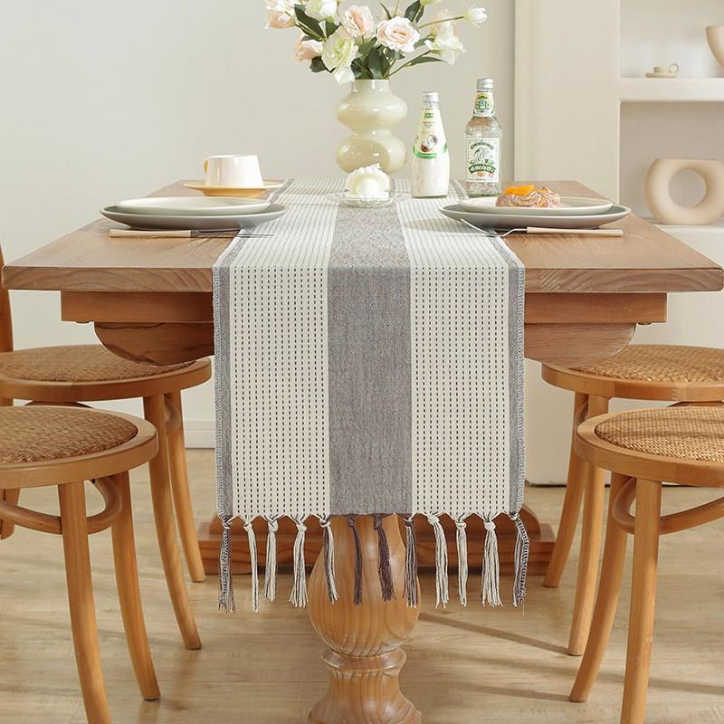 Handmade Tassel Cotton Linen Table Runner Dining Coffee Decor In American Rustic Style