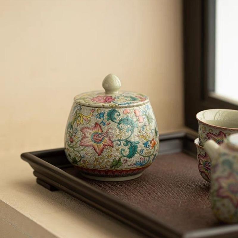 Chinese Ceramic Tea Caddy Colorful Flower Candy Jar Home Portable Coffee Beans Nut Medicinal Materials Storage Box Home Ornament