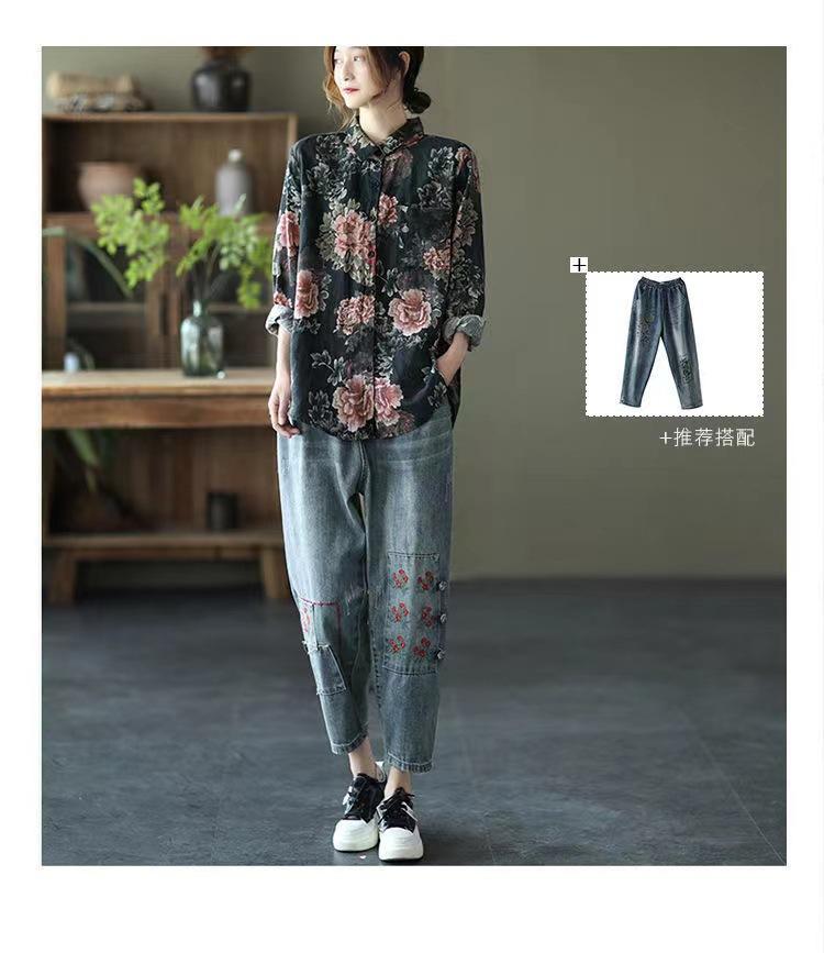 Autumn clothes wear retro printed cotton and linen shirt women's loose long-sleeved shirt cardigan top