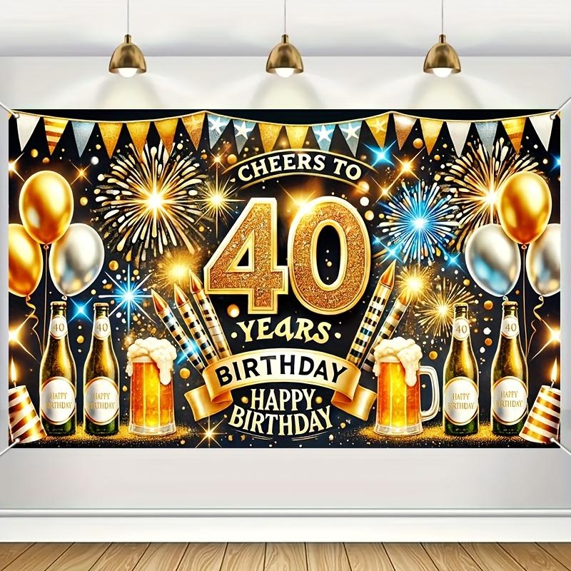 Bannière de célébration du 40e anniversaire - ballons dorés et argentés, bière, design feux d'artifice - S