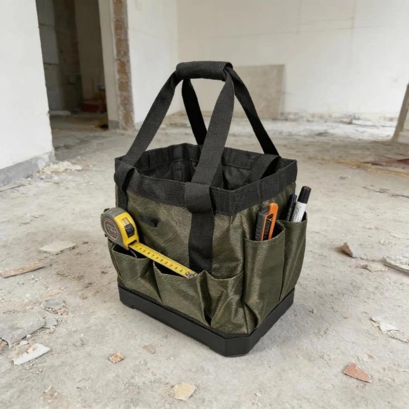 Heavy Duty Fabric Tool Storage Bag With Reinforced Plastic Base & Handle For Garden Home Repair Tool Box Holder