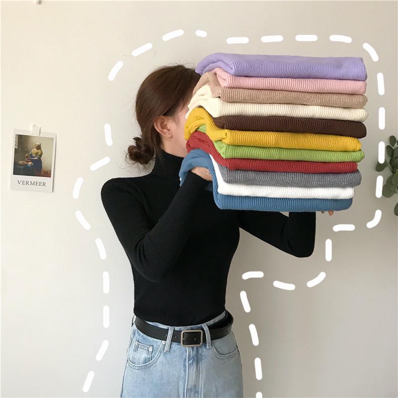 High Neck Solid Color Knit Sweater - Women's Long Sleeve Korean Style Pullover for Autumn/Winter