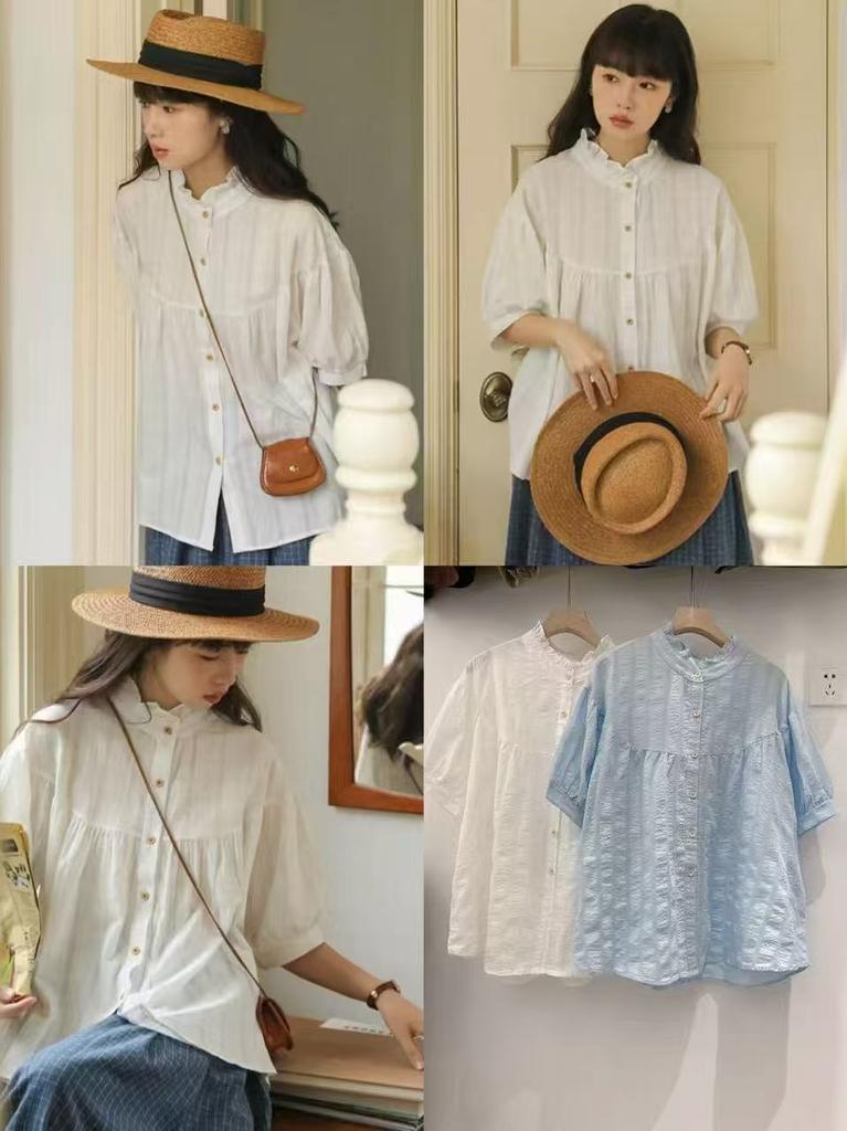 1116 Summer New Women's Crew Neck Japanese Cotton Shirt Loose Shirt Top Cardigan Ins Casual