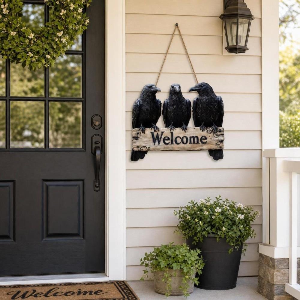 Handmade 2D Flat Welcome Sign Black Crow Pattern Hanging Tag Door Decoration