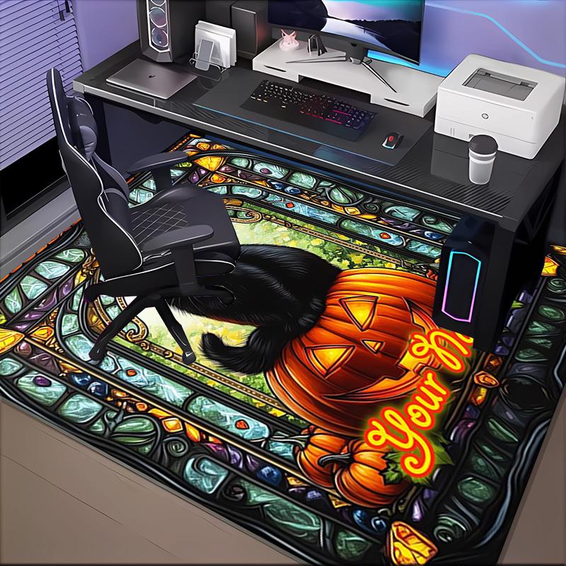 1PC Custom Name Halloween Black Cat Pumpkin Theme Floor Mat Ideal for Living Room, Game Rooms, Office, Bedroom, Floor Mat Playful Design