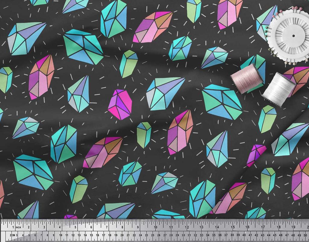 Soimoi Black Japan Crepe Satin Fabric Crystal Stone Geometric Print Fabric by the Metre 42 Inch