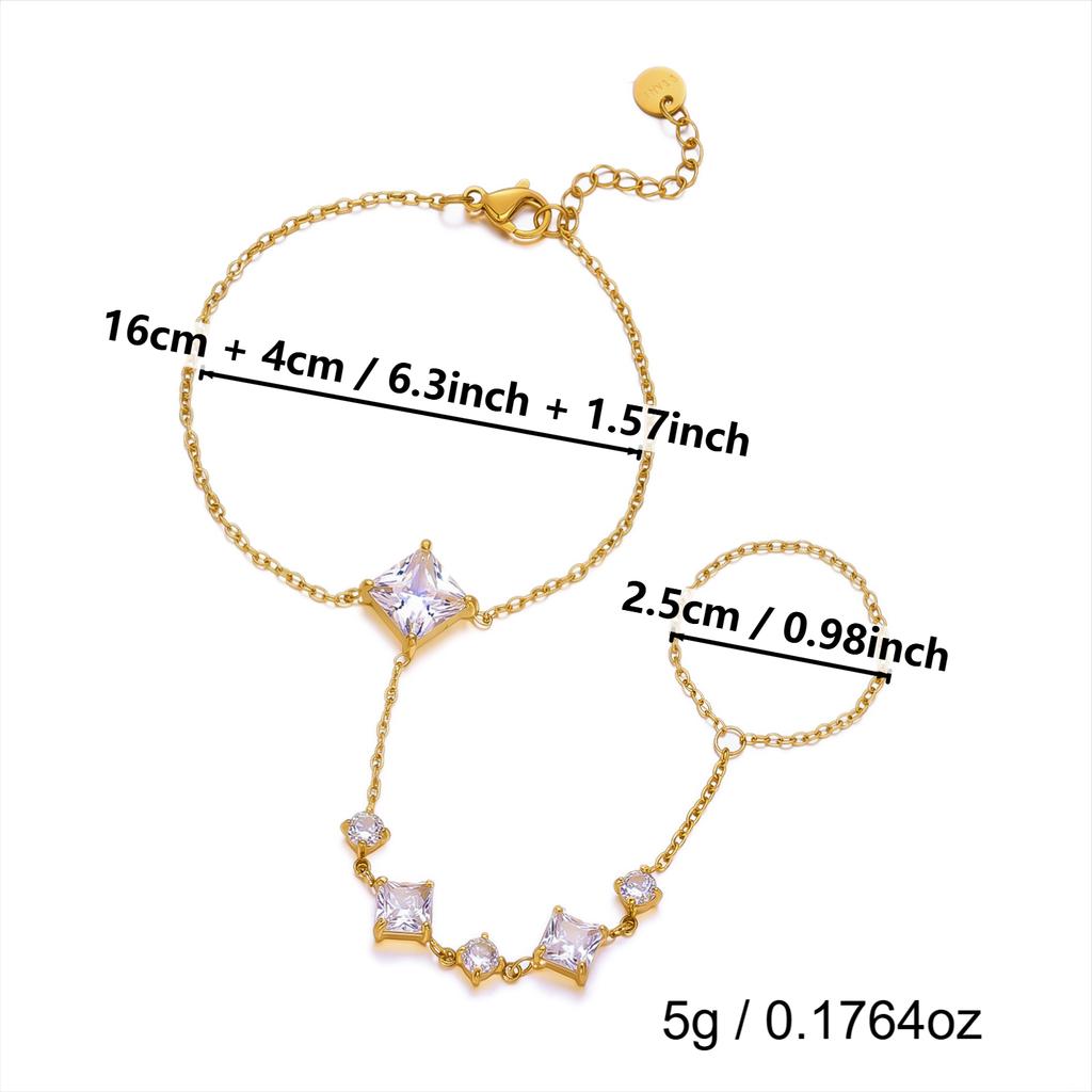 Minimalist Stainless Steel Cubic Zirconia Hand Chain Bracelet Ring For Women Square Cz Finger Wedding Party Wrist Jewelry Gift