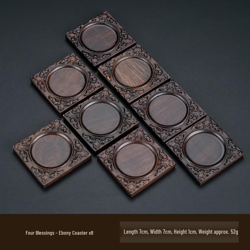 Ebony Wood Carved Non-Slip Tea Coaster Set - Retro Anti-Scald Pad for Tea Ceremony