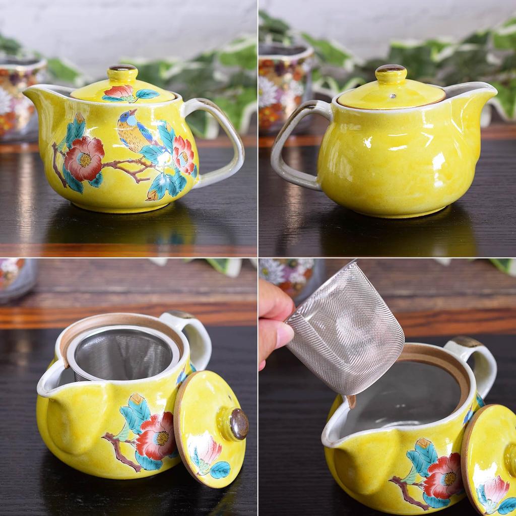 Teekanne, stilvolles Geschirr, Kutani Ware Pot, Yoshidaya, Kamelie und Vogel, Keramikmarke, japanisches Geschirr, hergestellt in Japan, kommt mit Teesiebnetz