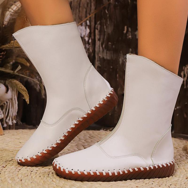 Fashion Vintage Pu Leather Mid-Calf Boots Women Winter Thick Warm Short Plush Boots Woman Zipper Flat Heel Beige Black Botas Mujer