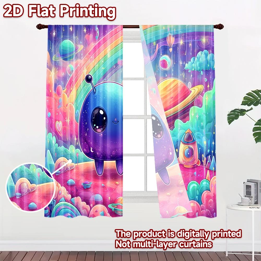 2D flat printing 2pcs Window Curtains Cute Alien Rainbow Planet Stars Digital Printed Polyester Drapes Party Decorations for