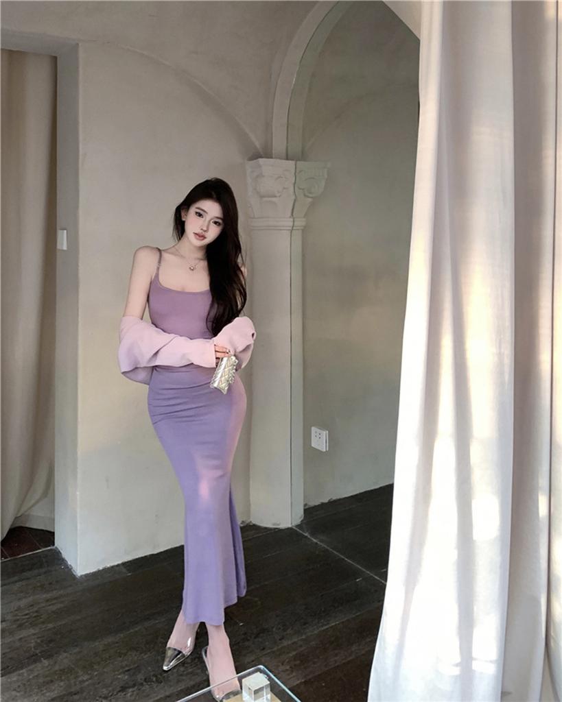 Pure Desire Style Sexy Peach Pink Dress Women's Summer Inner with Bottom Suspender Long Dress Tight Fish Tail Hip Skirt