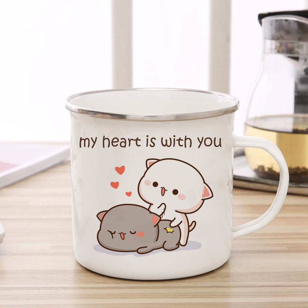 New Peach and Goma Cat Enamel Coffee Tea Cup Cute Animal Breakfast Dessert Milk Water Cup Couple Gift Original Breakfast Cups