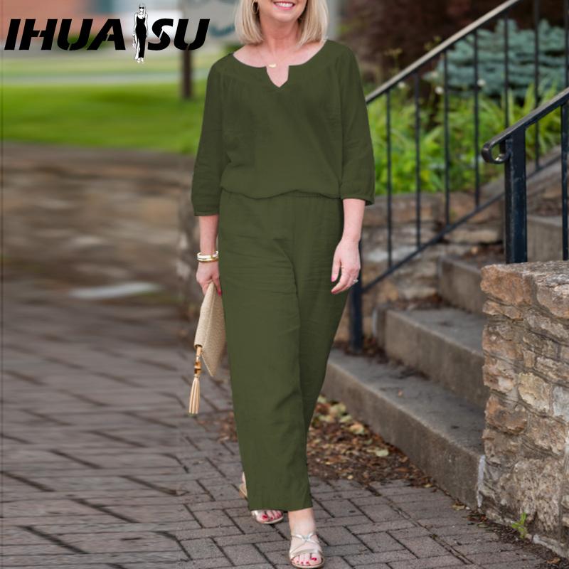 IHUASU Plus Size Women Casual Button Mid Sleeve Pocket Solid Colour Cotton V-Neck Top Pants Set