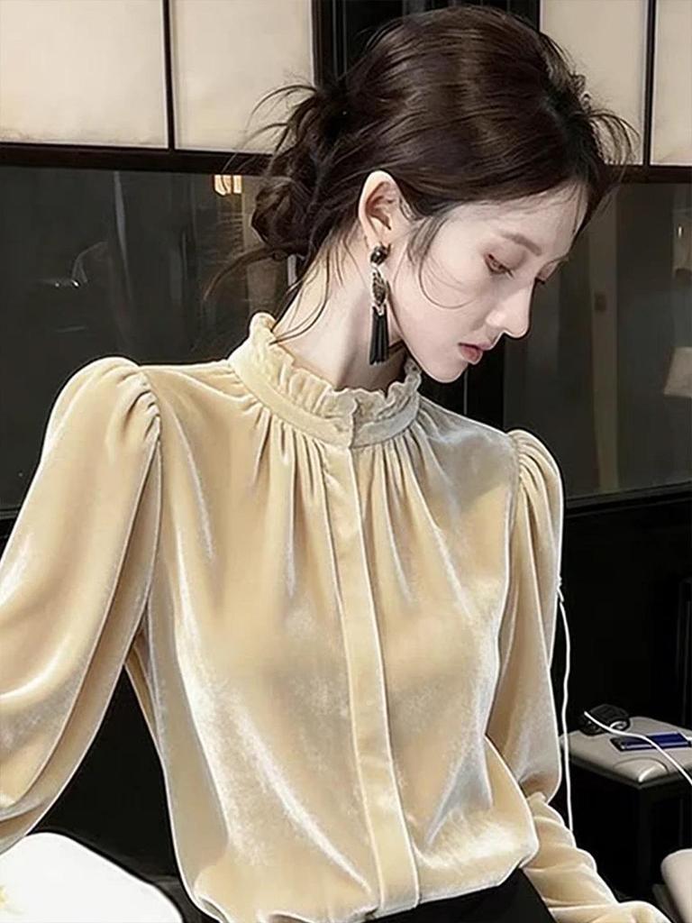 Women's French Velvet Shirt with Wood Ear Collar - Light Luxury, Casual, Loose, Slimming, Versatile Top for Autumn/Winter