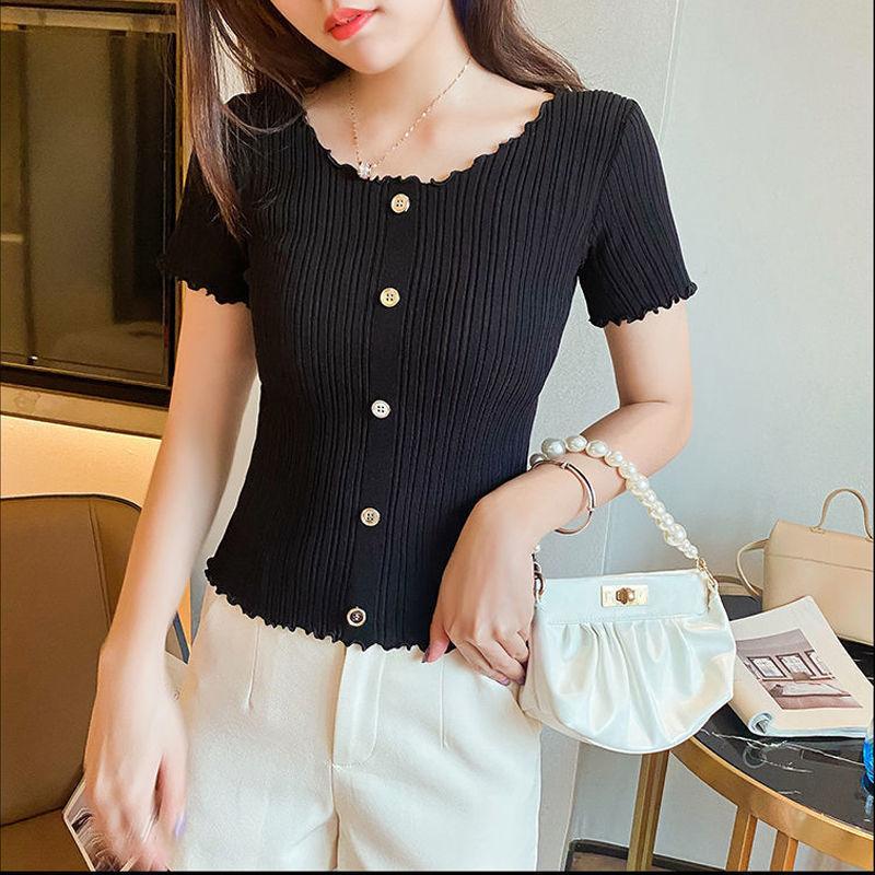 Summer Women Fashion Slim Short Sleeve T-shirt Knitted Elastic Short Tops
