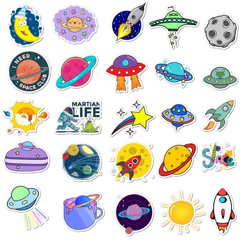 50 szt. Kreskówkowe naklejki z planetami kosmicznymi na laptopa, bagaż, gitarę, deskorolkę