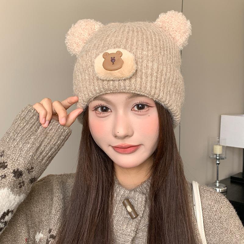 Japanese Cute Bear Hat Women's Autumn and Winter Knitted Hat Large Head Circumference Plus Velvet Cold Proof Woolen Hat Warm Ear Protection Hat