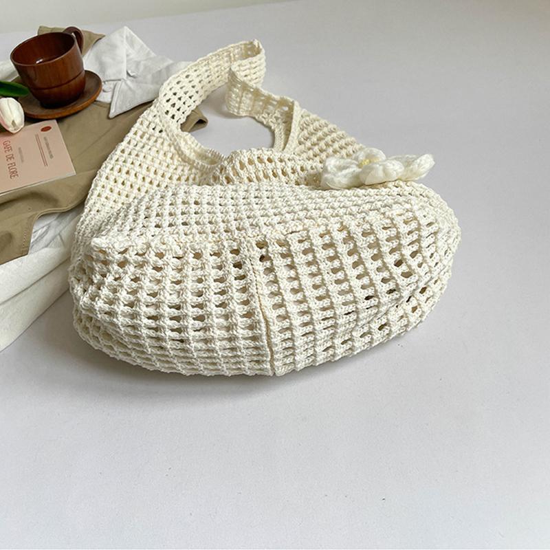 Solid Color Knitting Shoulder Bag Flower Large Capacity Bohemian Crochet Tote Bag Hollow Out Versatile Casual Woven Handbag