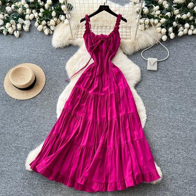 French Romantic Style Strapless Ruffle Beach Dress for Women Summer Lace-Up Waist Slimming A-Line Big Swing Long Maxi Dress